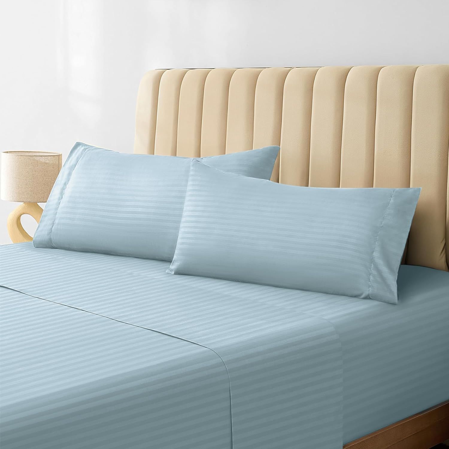 Light Blue Striped Twin XL Bamboo Microfiber Sheet Set