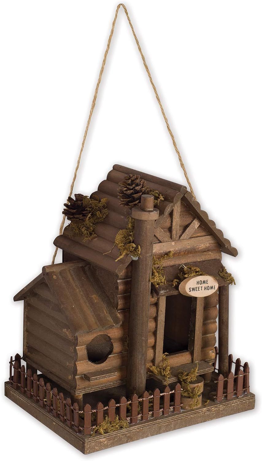 Rustic Brown Wood and Metal Log Cabin Birdhouse