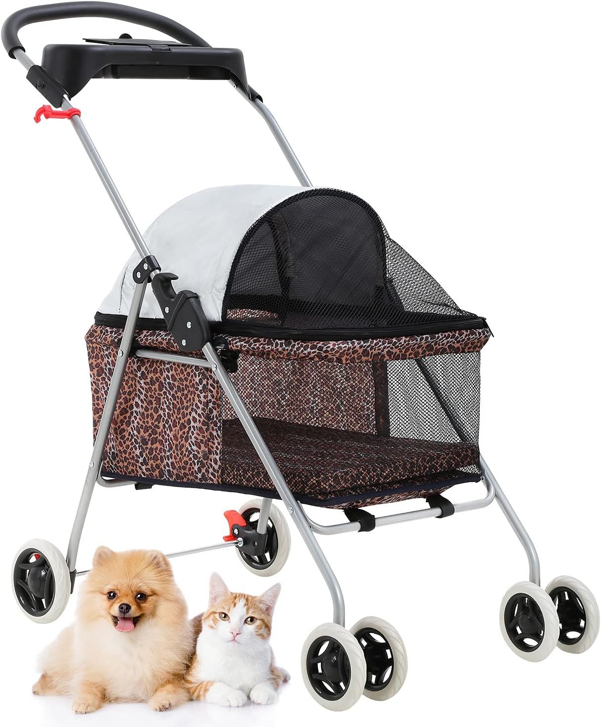 Leopard Print Folding Pet Stroller with Cup Holder