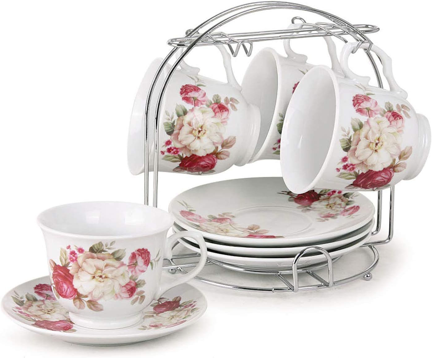 Floral Ceramic Teacup and Saucer Set with Stand, 8-Piece