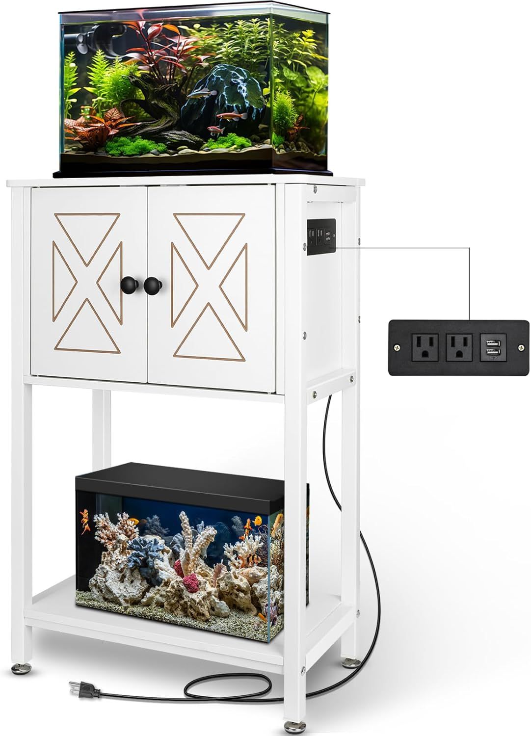 White Heavy Duty Metal Aquarium Stand with Storage Cabinet