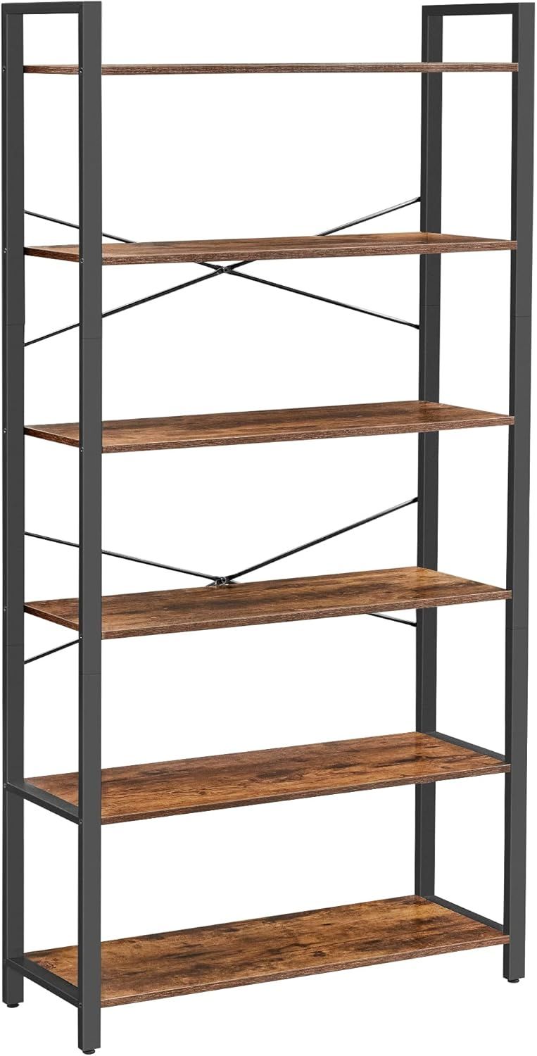 Rustic Brown and Black 6-Tier Adjustable Bookshelf with Steel Frame