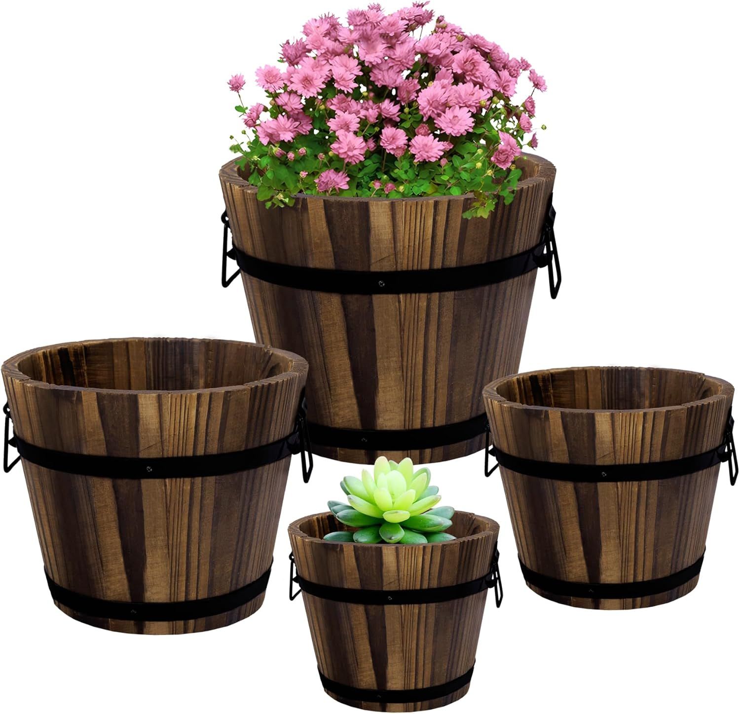 Rustic Wooden Whiskey Barrel Planter Set with Steel Handles