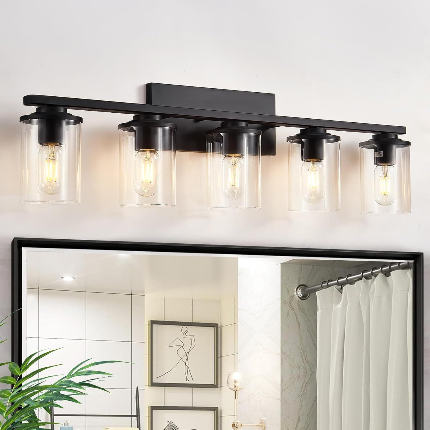 Matte Black 5-Light Bathroom Vanity Fixture with Glass Shades