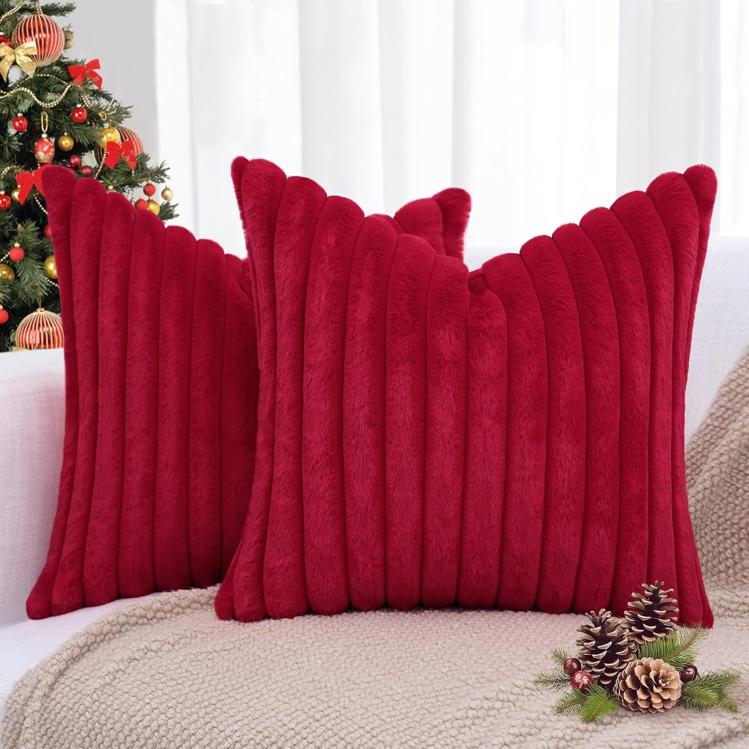 Burgundy Faux Fur 20x20 Decorative Pillow Covers Set of 2