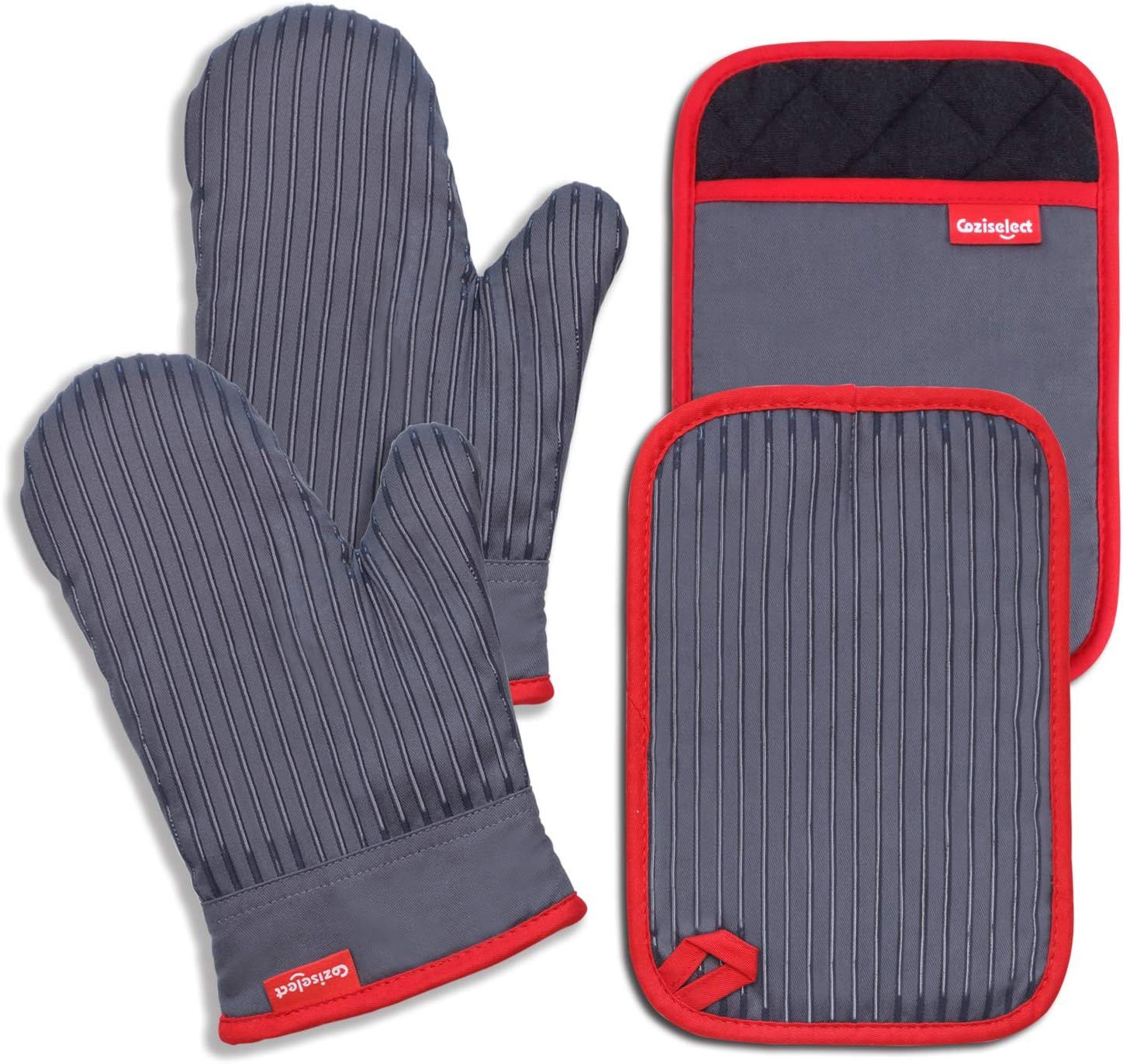 Gray Silicone and Cotton Heat Resistant Oven Mitts Set