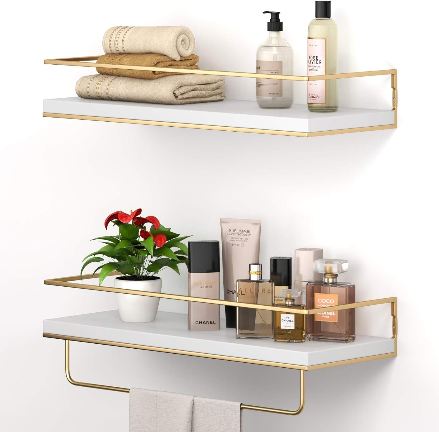 White and Gold Floating Shelves with Towel Rack, Set of 2