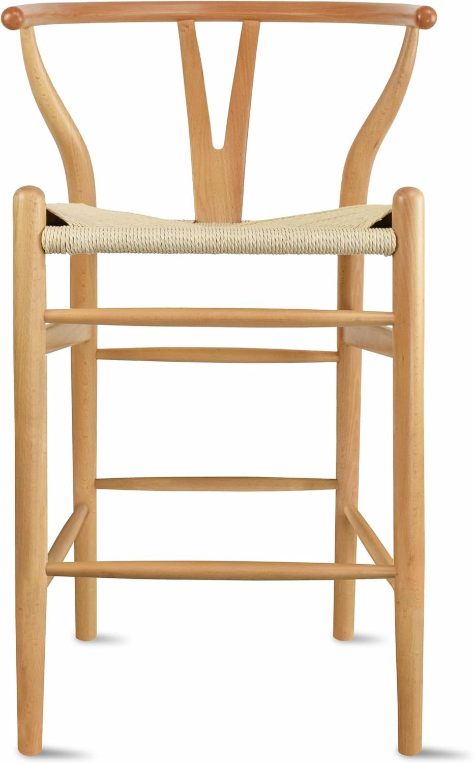 Natural Wood Wishbone Counter Height Bar Stool with Woven Seat