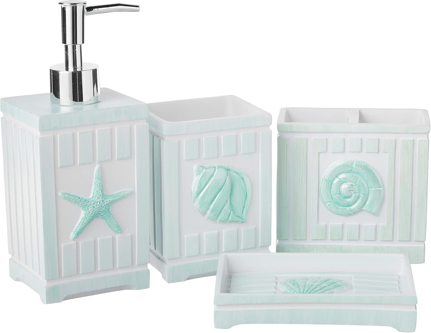 Beach Shells White and Seafoam Resin 4-Piece Bathroom Set