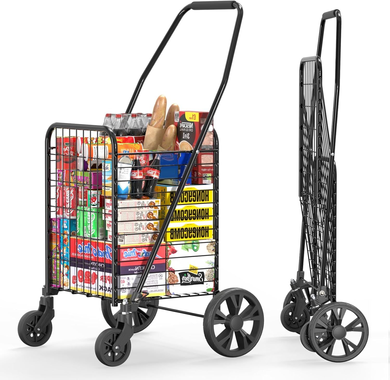 Black Metal Folding Utility Cart with 360° Swivel Wheels