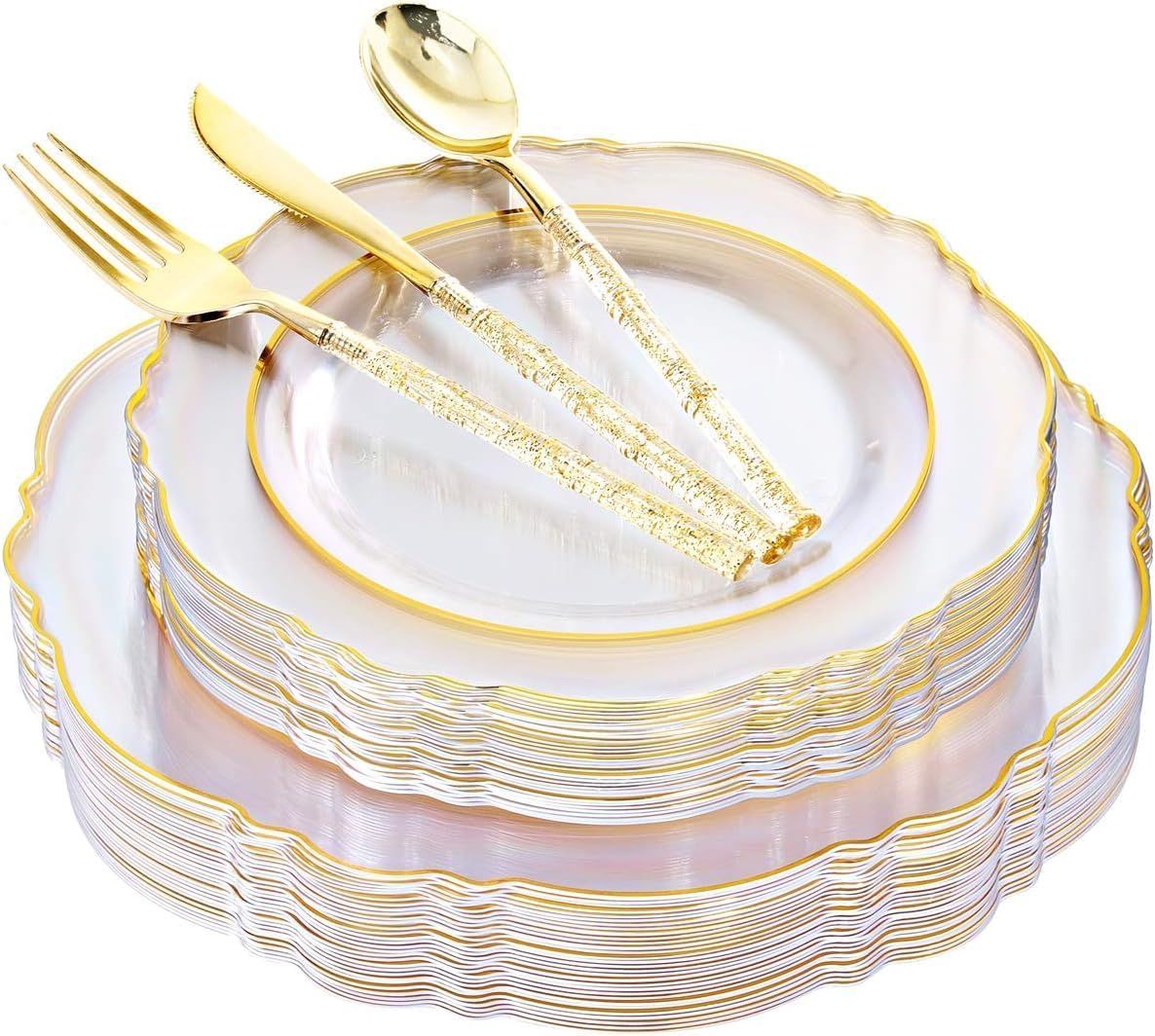 Elegant Clear Gold Baroque Disposable Plastic Plates and Cutlery Set