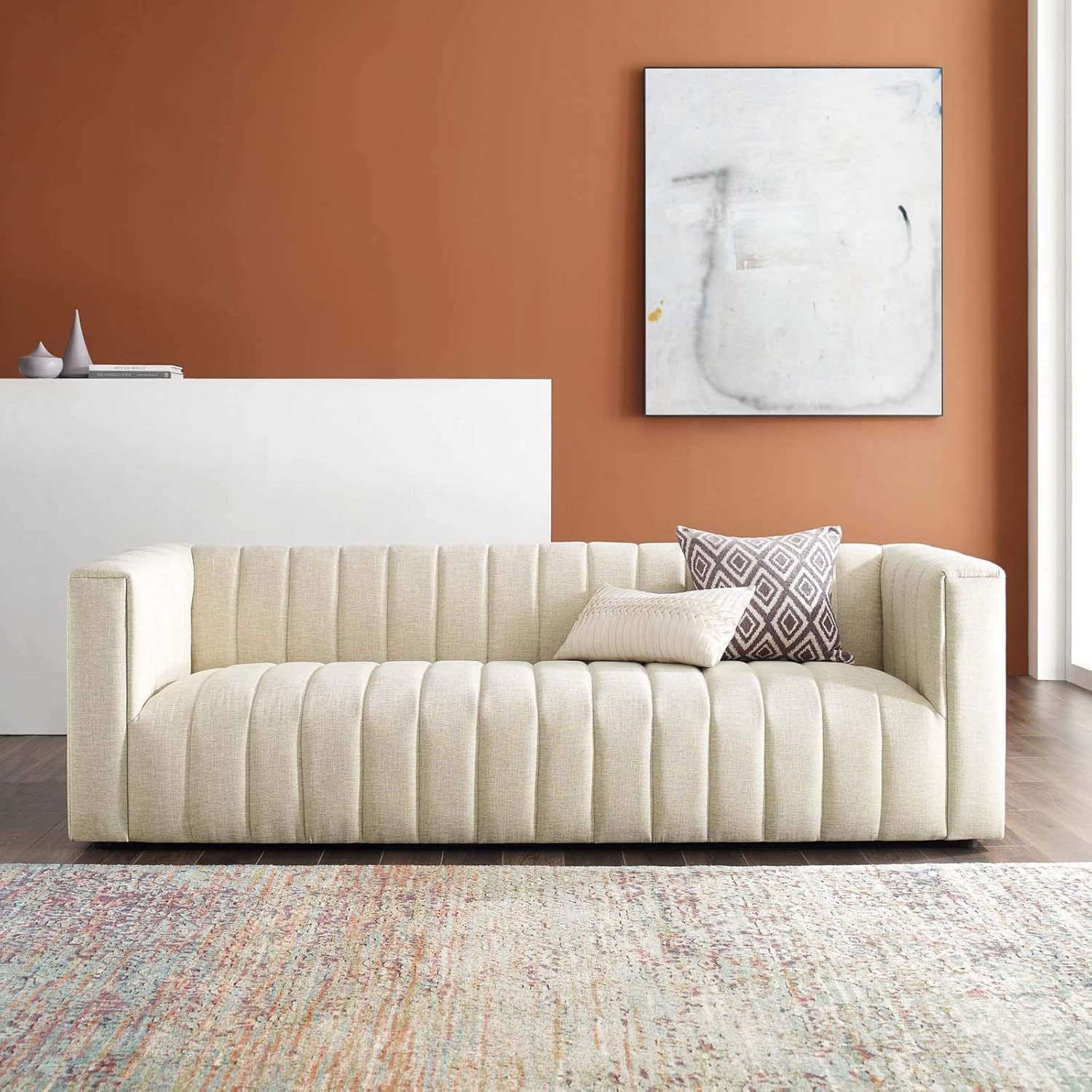 Reflection Beige Channel Tufted Fabric and Wood Sofa