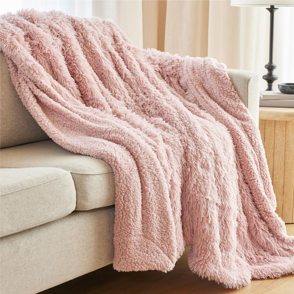 Dusty Rose Reversible Sherpa and Faux Fur Throw Blanket