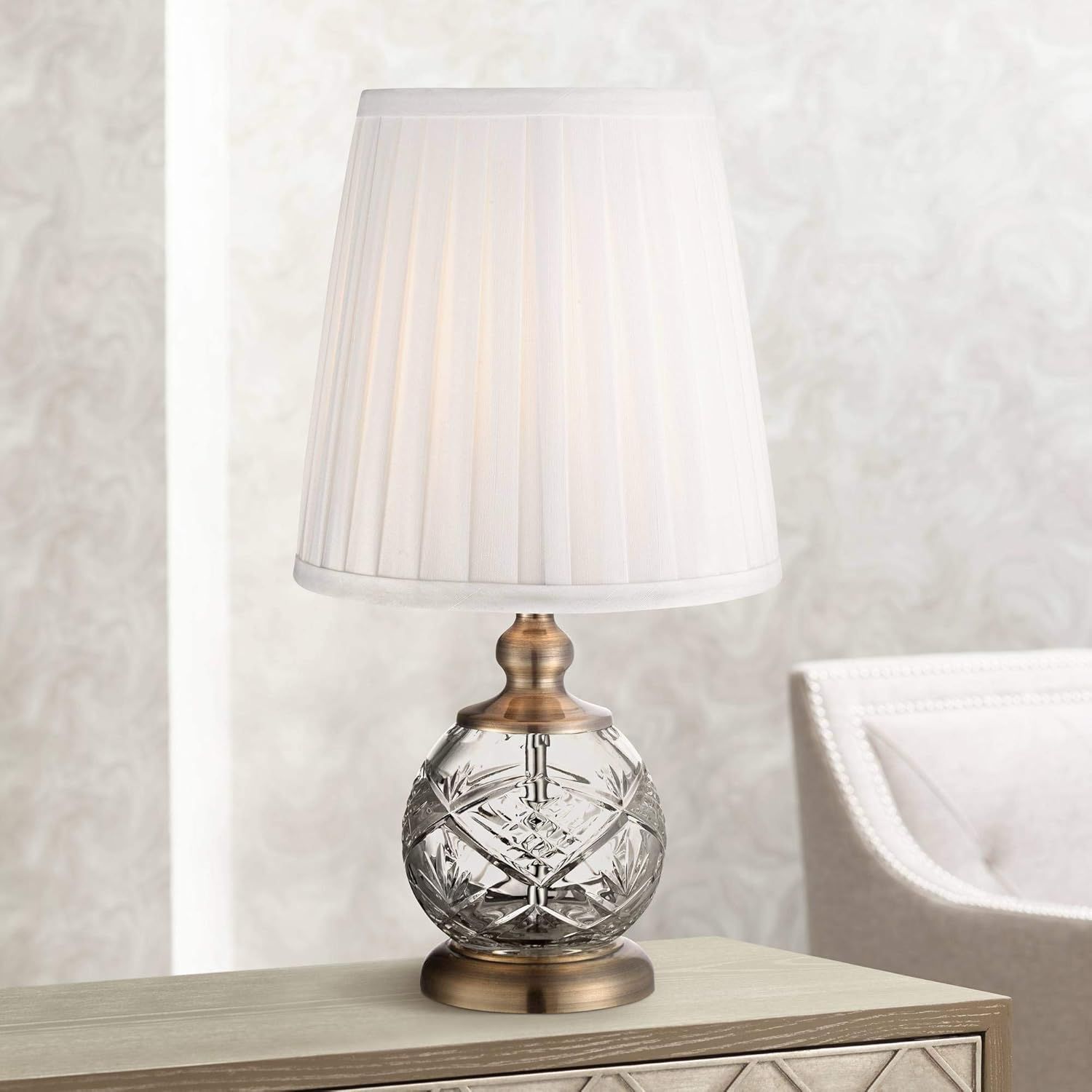 15" Crystal Sphere Table Lamp with Brass Finish and White Pleated Shade