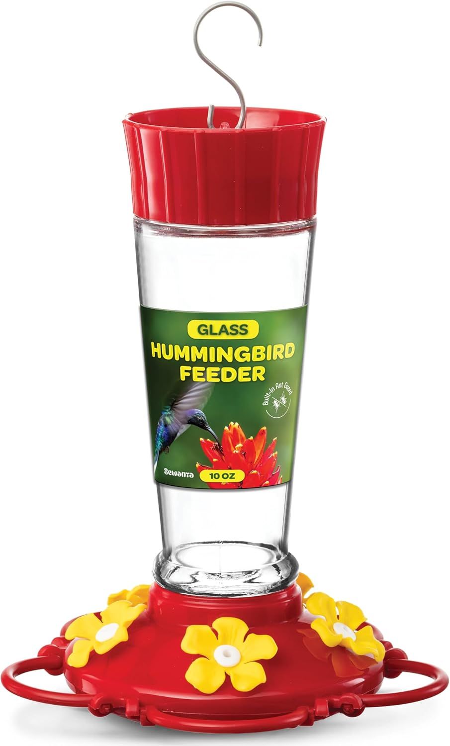 Red and Yellow Glass Hummingbird Feeder with 360 Degree Perch