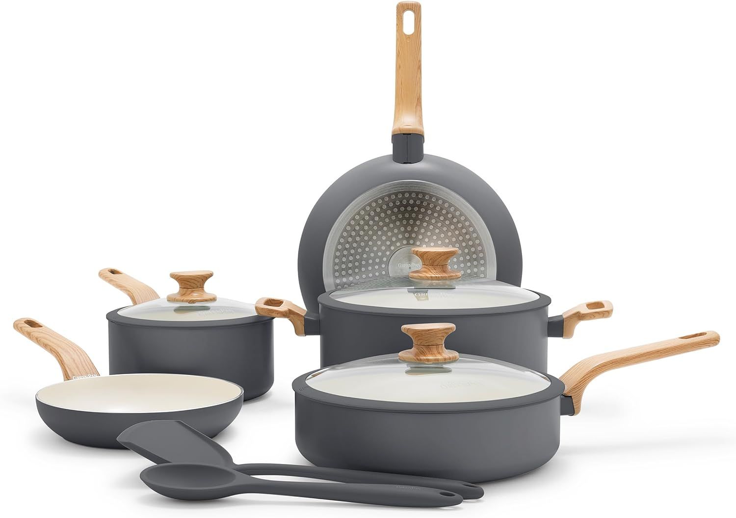 Gray Aluminum Nonstick 10-Piece Cookware Set with Wood Print Handles