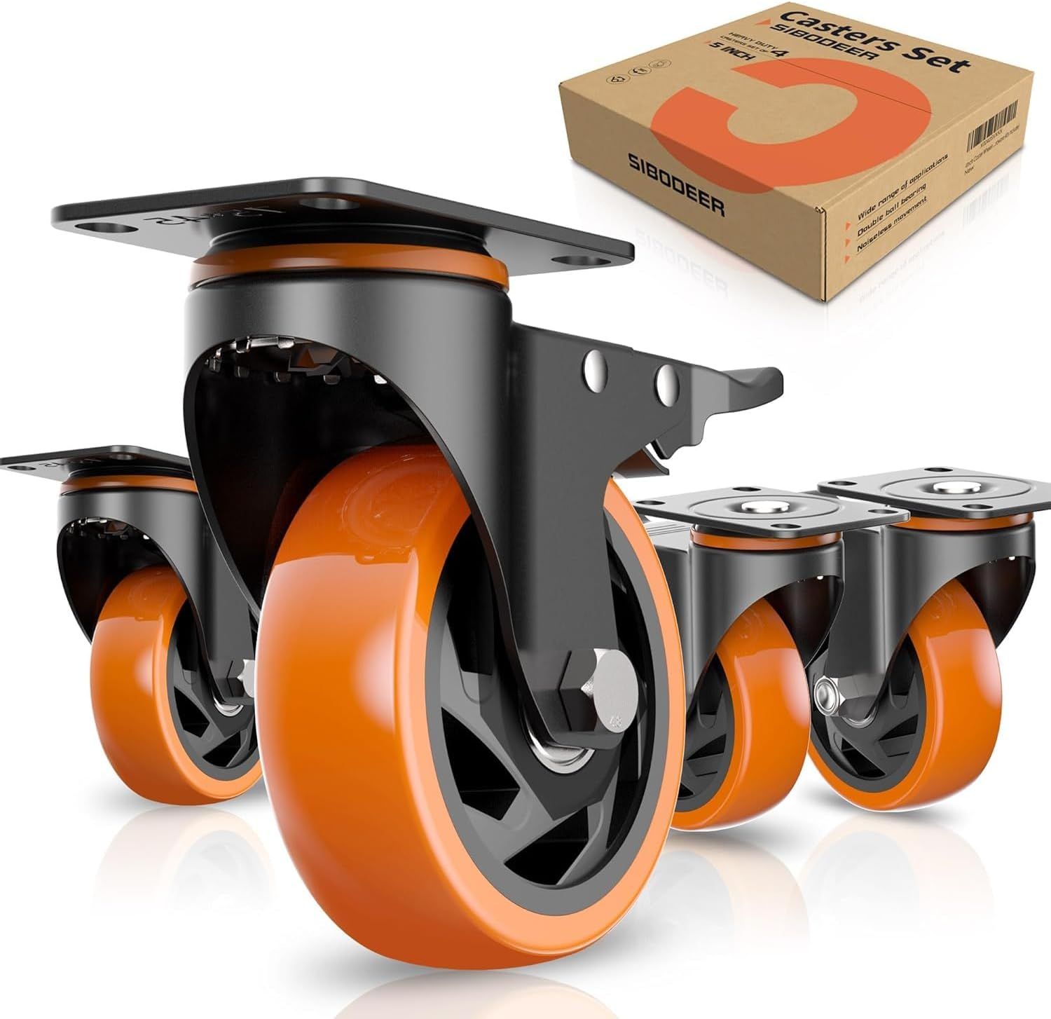 5-Inch Orange Polyurethane Heavy-Duty Swivel Caster Wheels with Brake, Set of 4