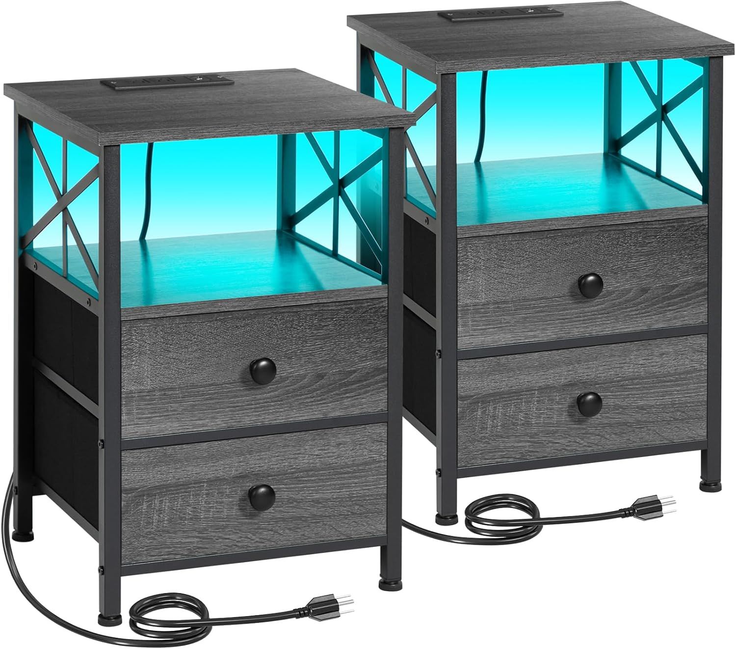 Dark Gray Metal Frame Nightstand Set with Charging Station