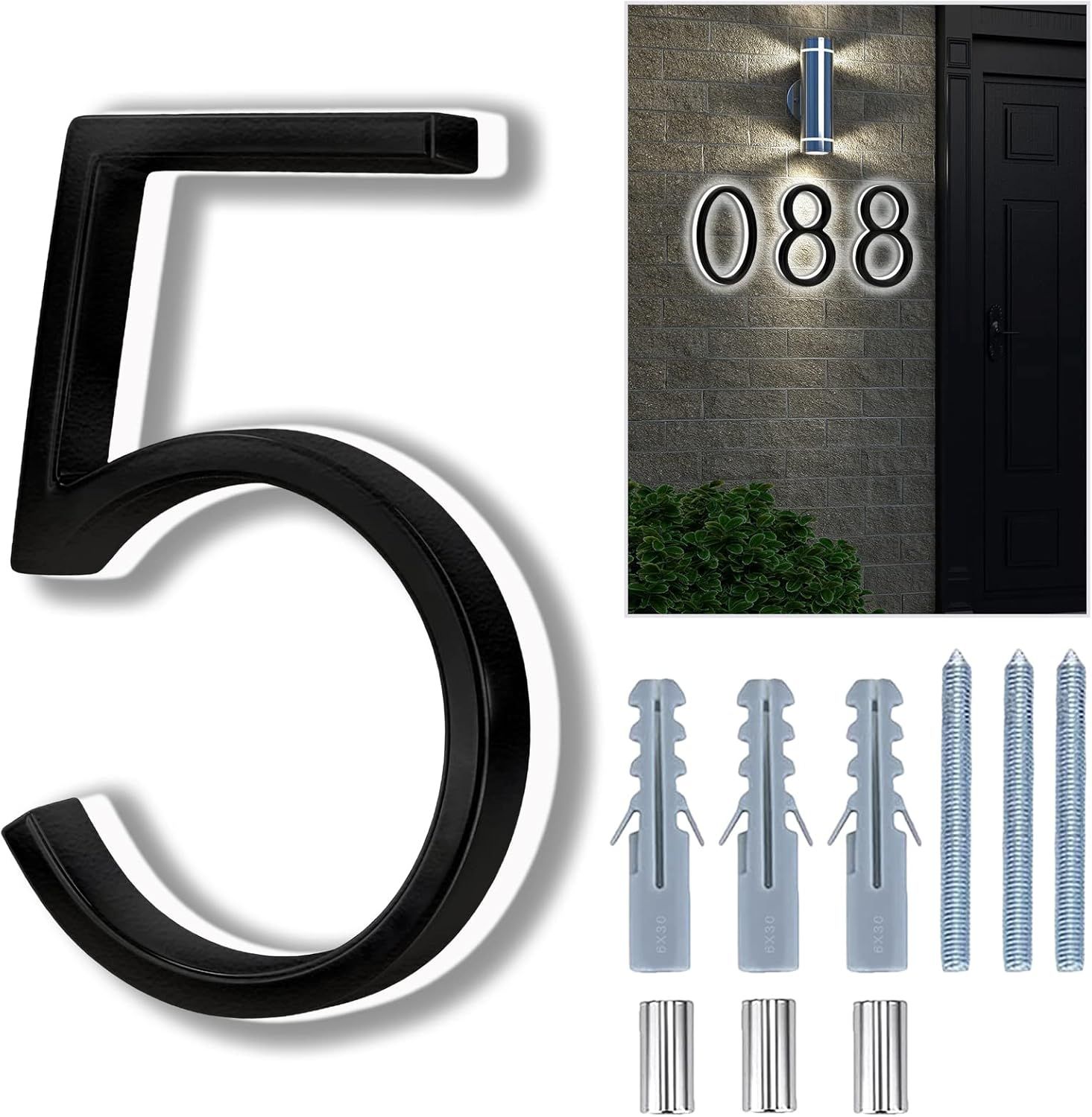 8 Inch Black Stainless Steel LED Backlit Floating House Number