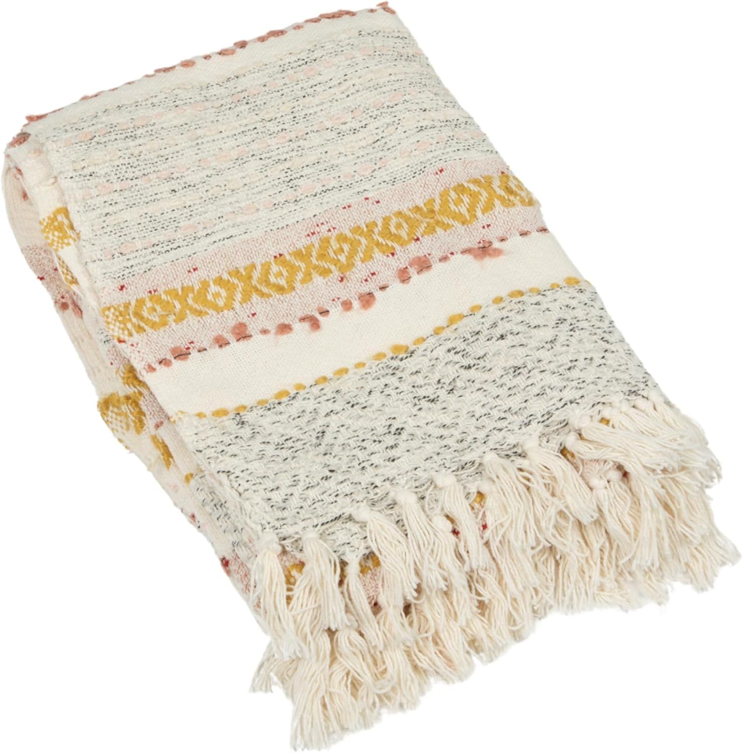 Multicolor Woven Cotton Striped and Embroidered Throw Blanket with Fringe