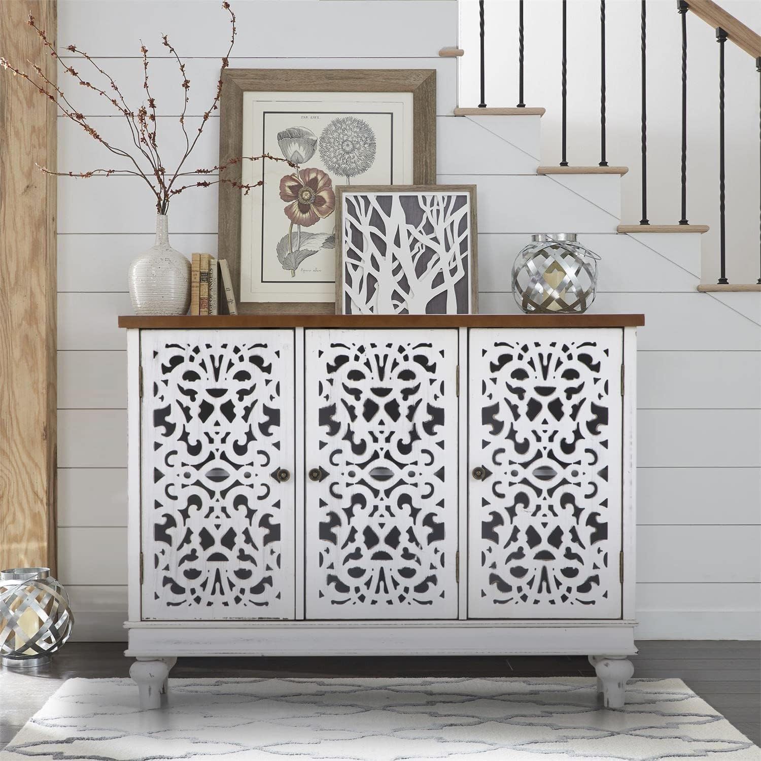 White 3-Door Carved Wood Sideboard with Adjustable Shelving