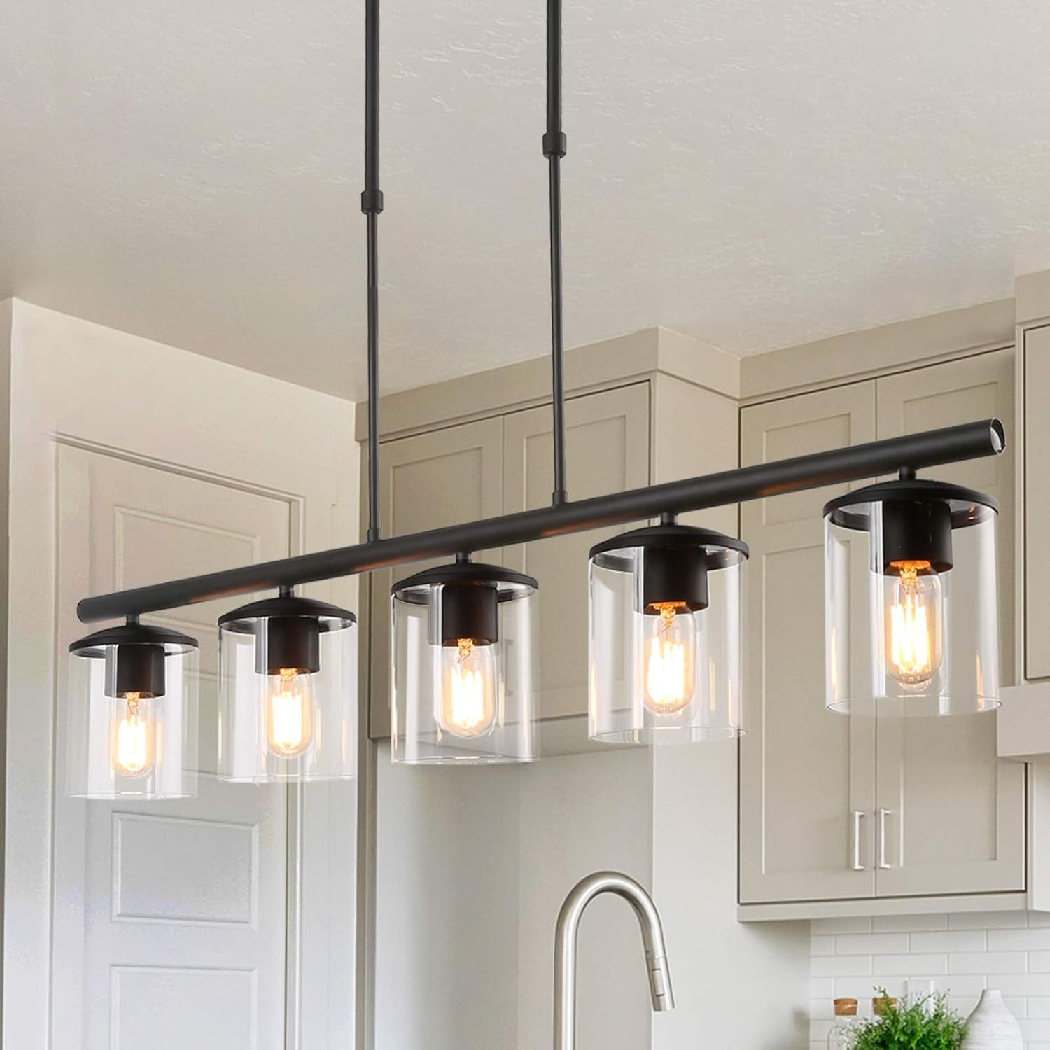 Black Farmhouse Linear Chandelier with Glass Shades, 37"