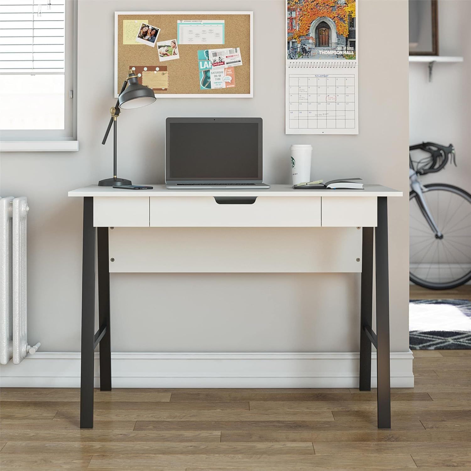 White and Black Wood Computer Desk with Drawer