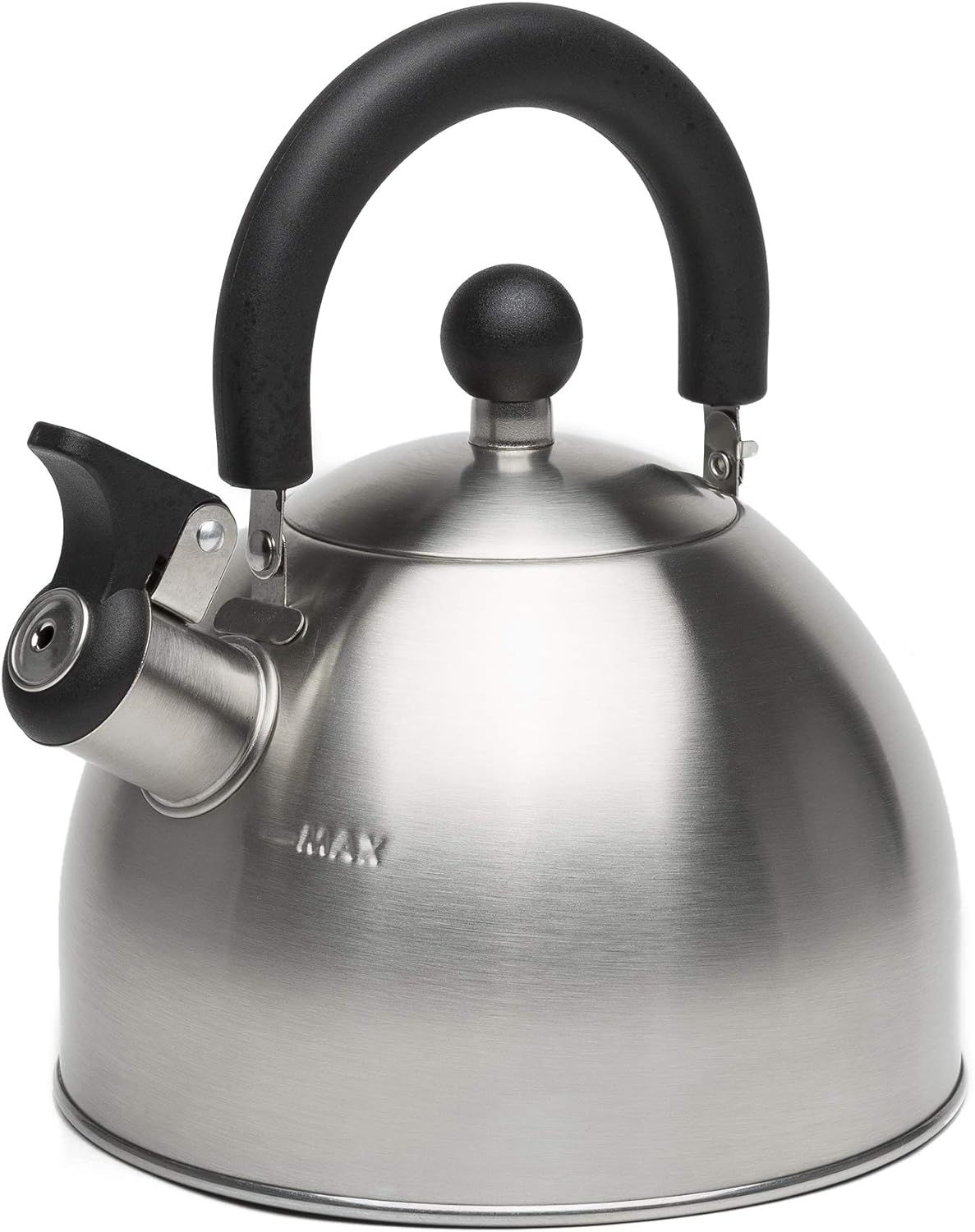 Brushed Stainless Steel Whistling Tea Kettle with Black Handle