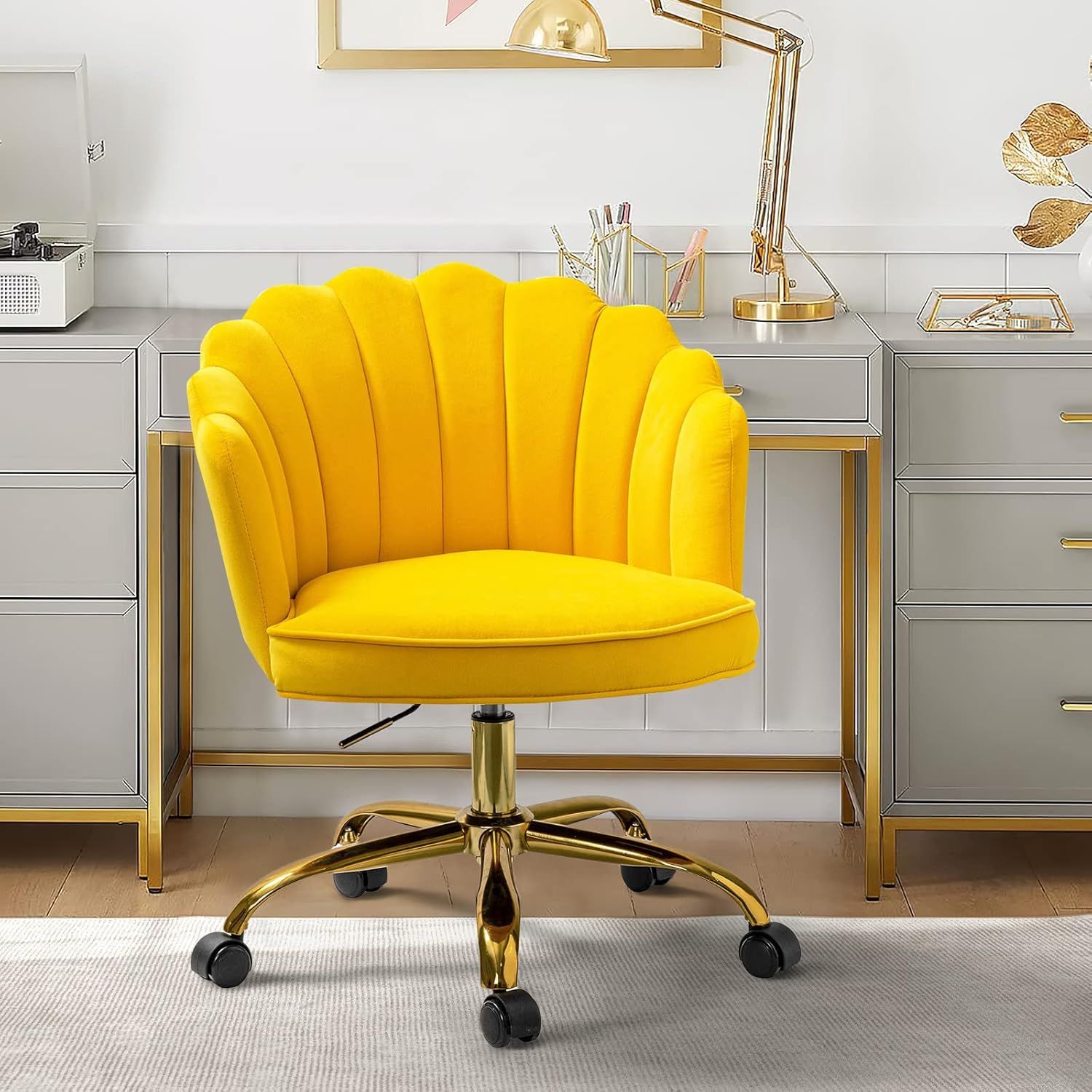 Yellow Velvet Swivel Task Chair with Gold Metal Base