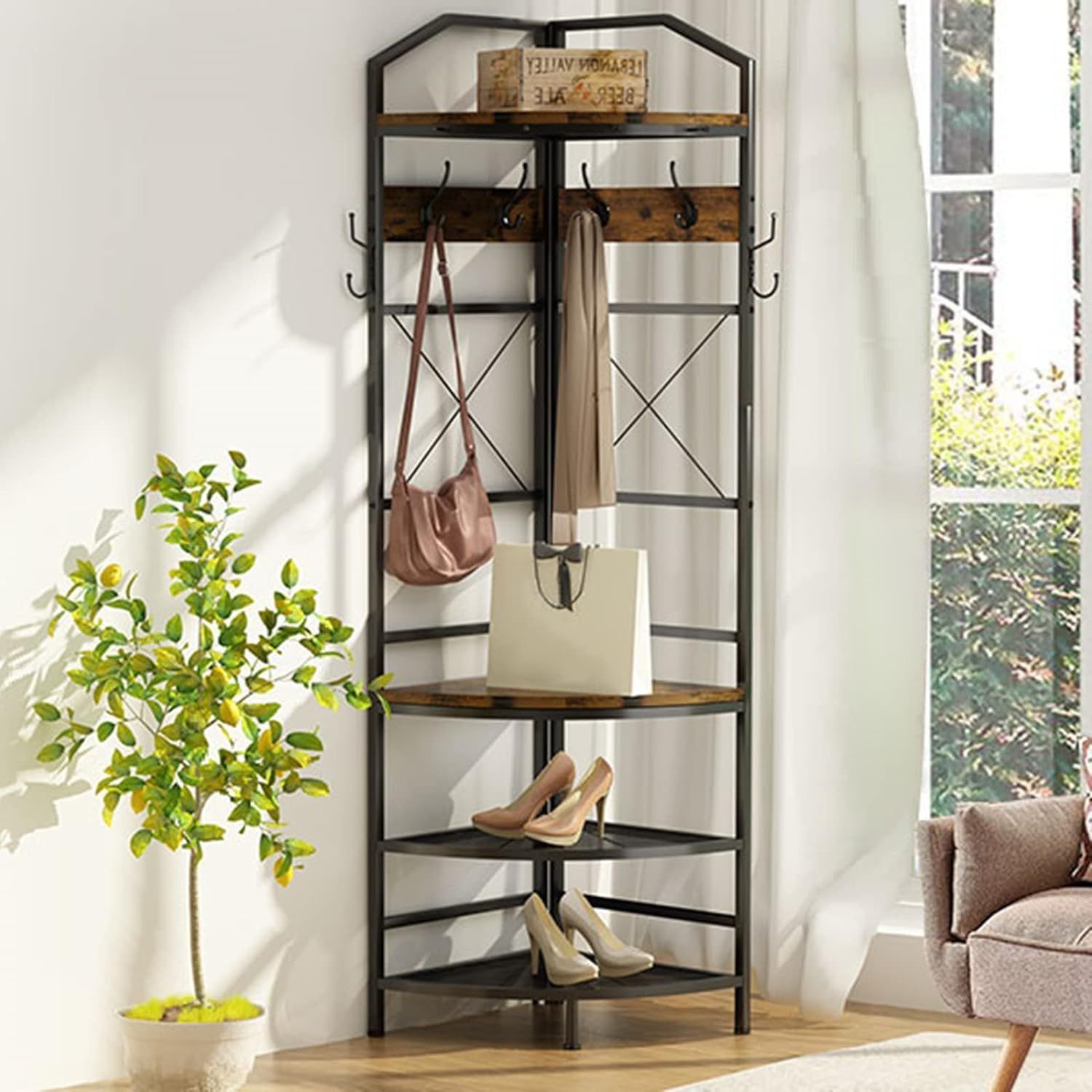 Industrial Brown Metal Corner Hall Tree with Storage Bench