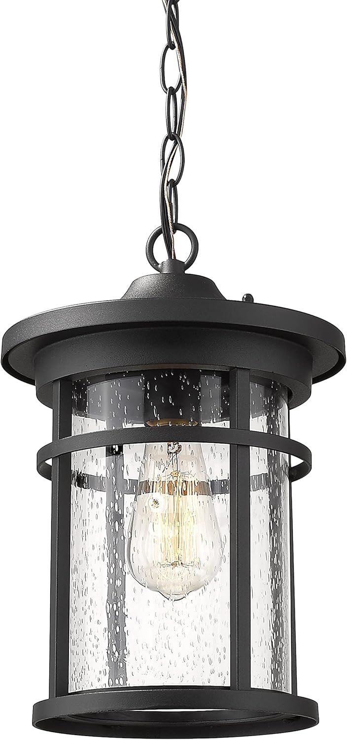 Black Seeded Glass Outdoor Hanging Lantern Light