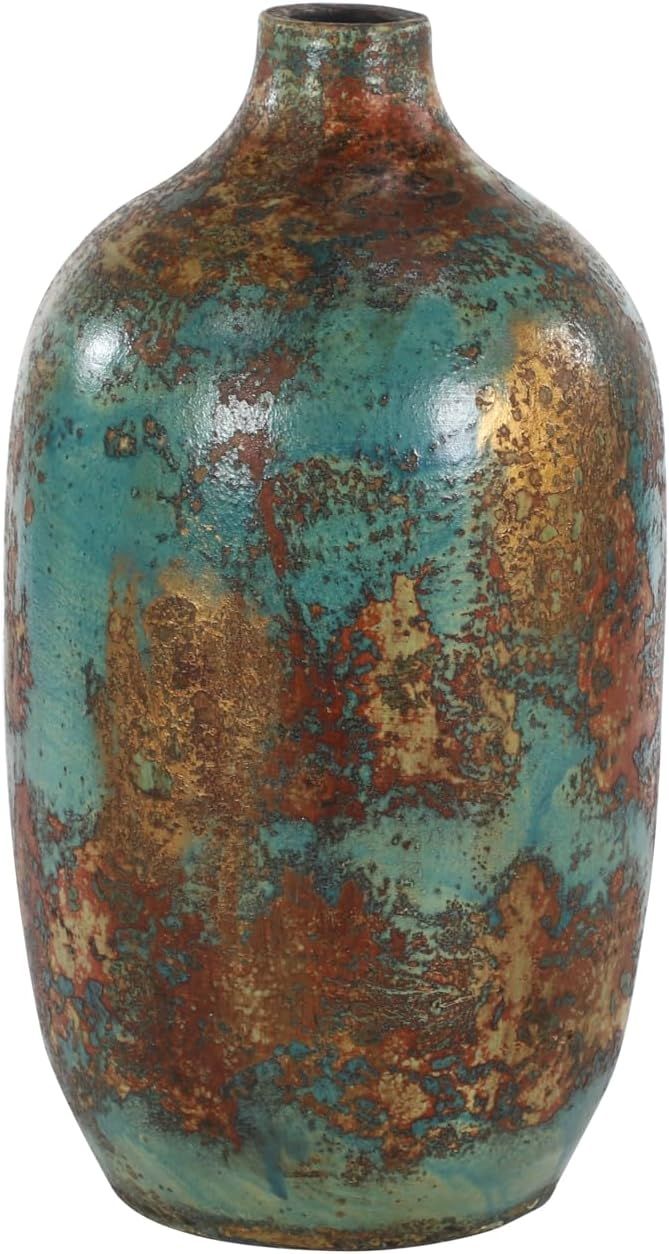 Rustic Turquoise and Bronze Ceramic Decorative Vase