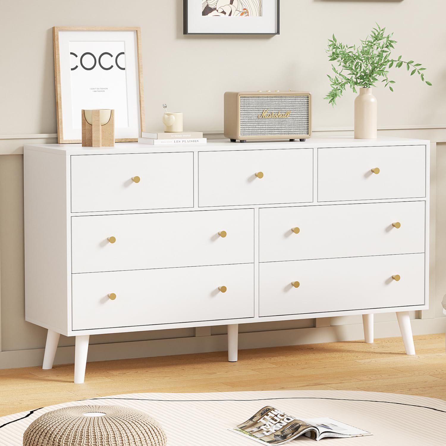 White Modern Wood Dresser with 7 Drawers and Metal Handles