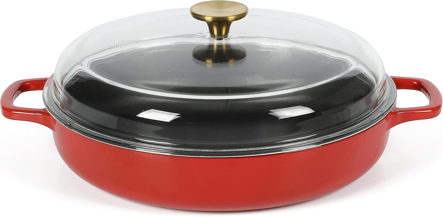 Red 3.75 Quart Enameled Cast Iron Braiser with Glass Lid