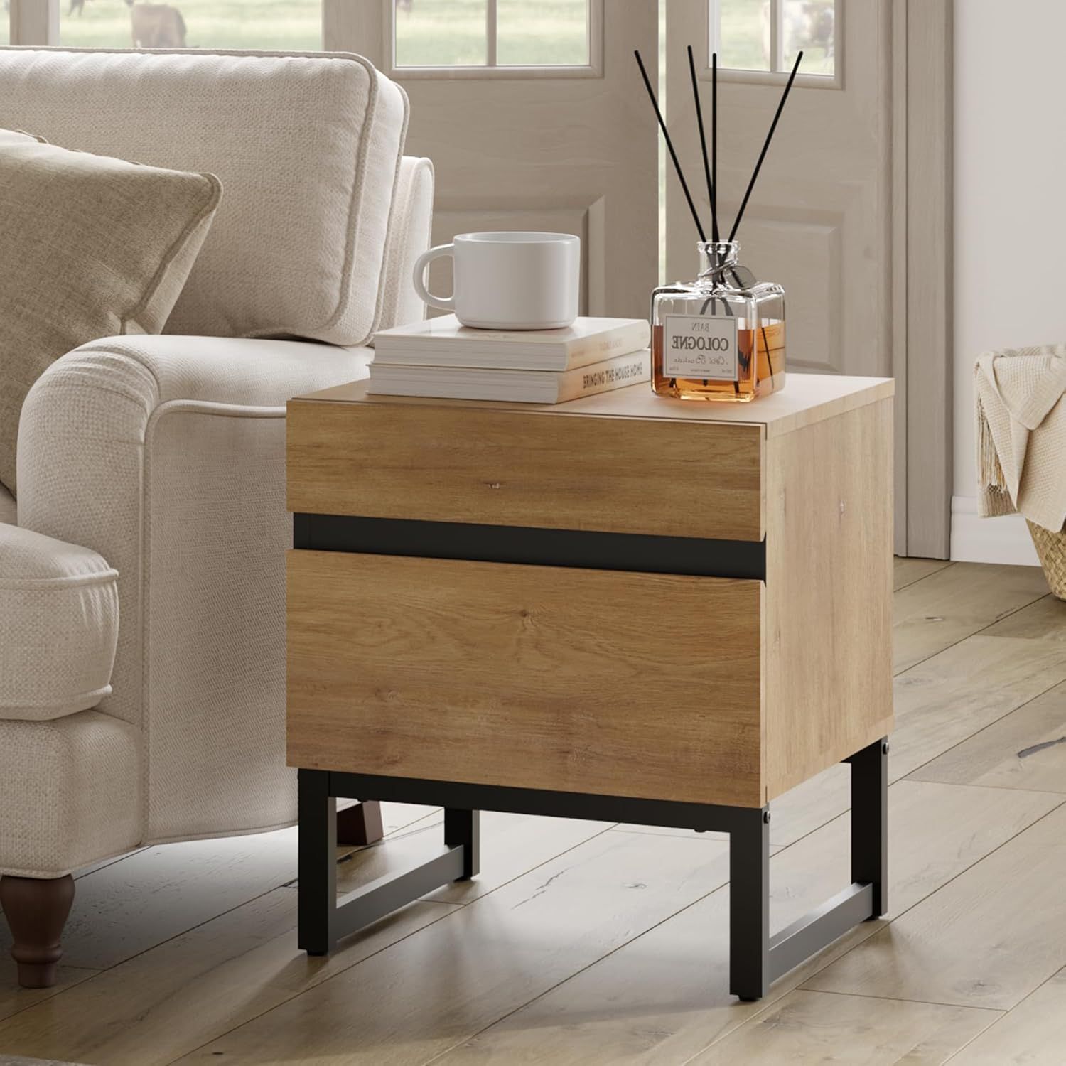 Oak and Black Iron Modern End Table with Storage Drawers