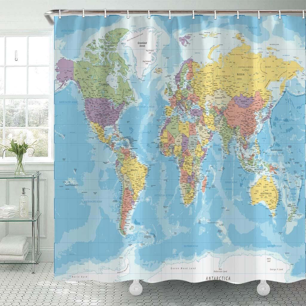 Educational World Map Waterproof Fabric Shower Curtain