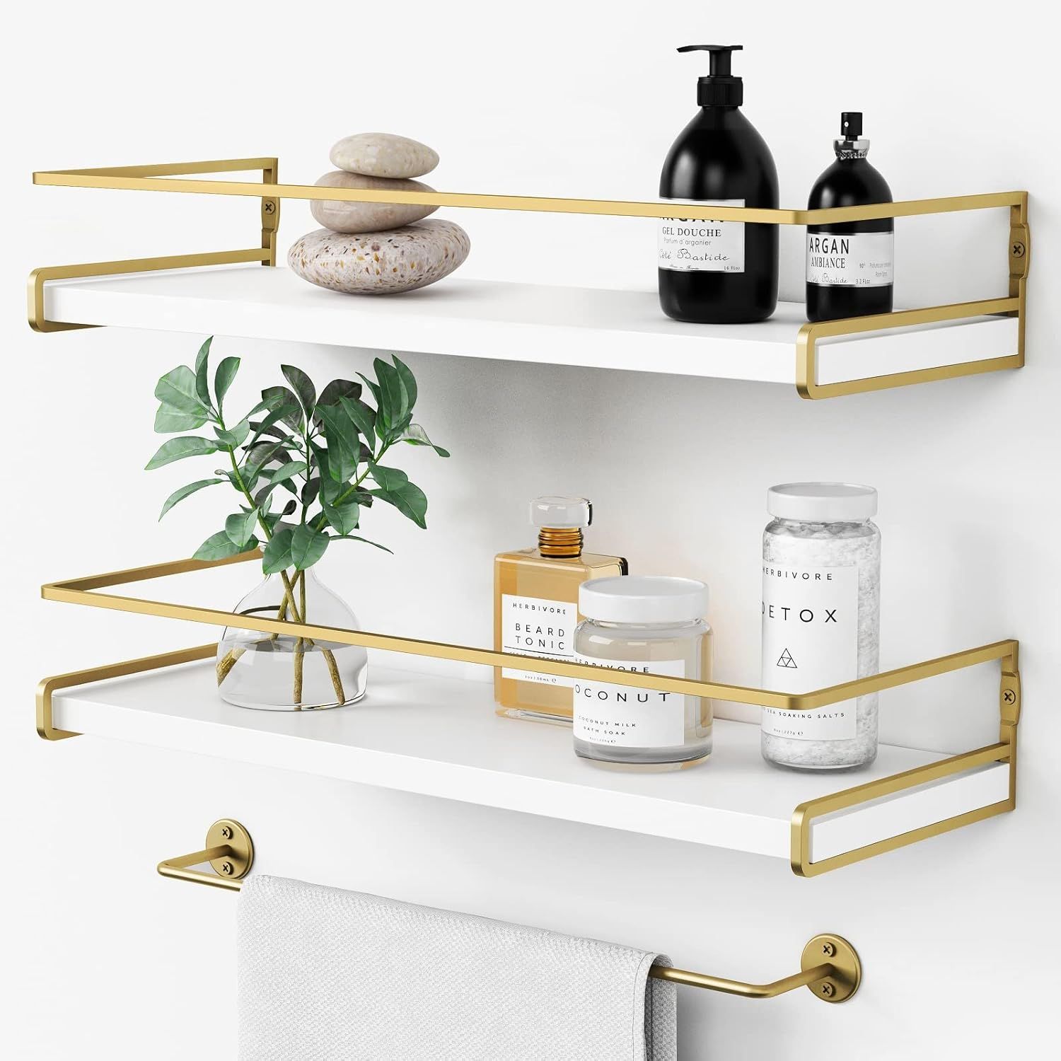 White and Gold Pine Floating Bathroom Shelves with Towel Bar, Set of 2