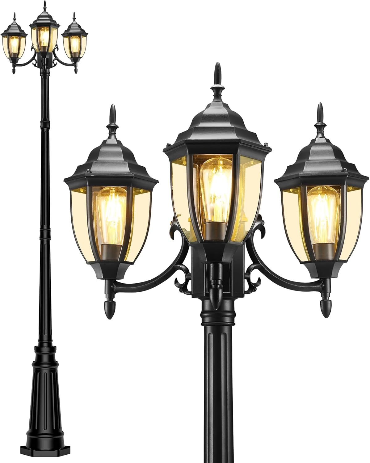 Classic Black 3-Head Outdoor Lamp Post with Clear Glass Panels