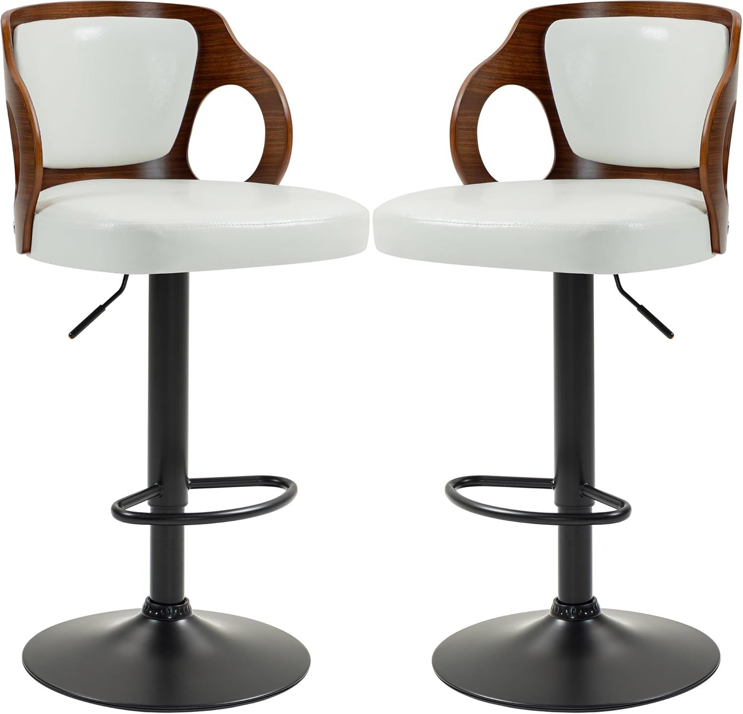 Adjustable White Faux Leather Swivel Bar Stools with Arms