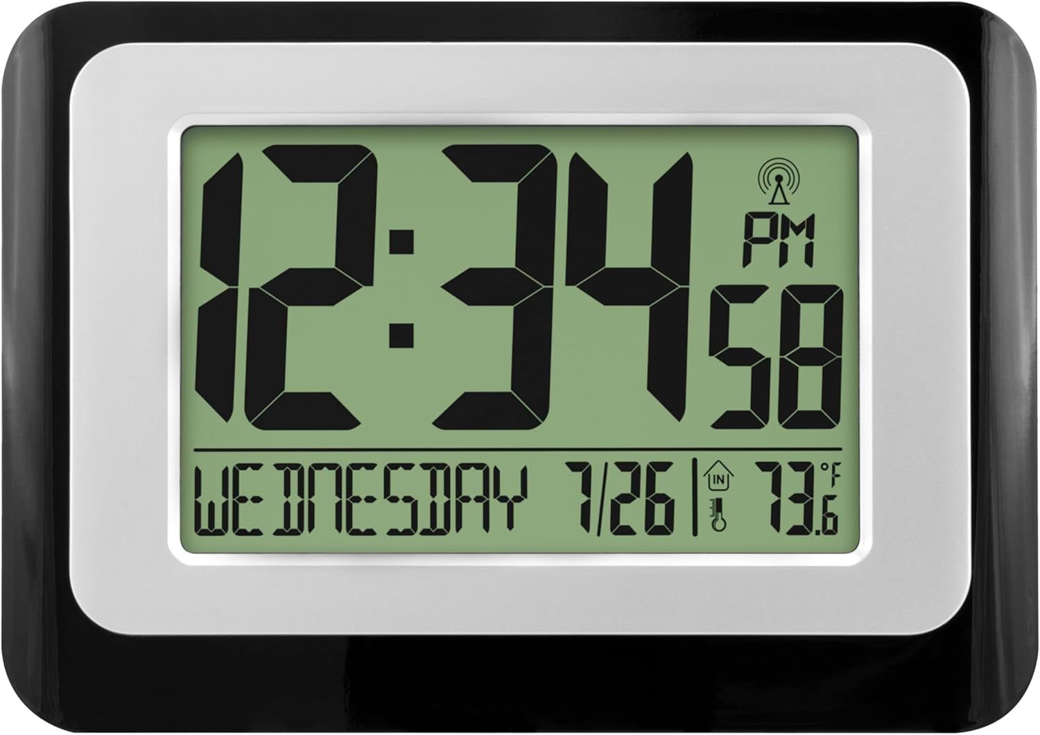 Black and Silver Digital Atomic Wall Clock with Temperature Display