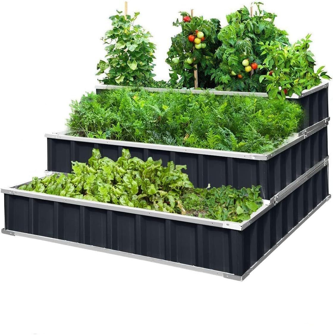 46" x 46" x 23.6" Dark Grey Galvanized Steel 3-Tier Raised Garden Bed