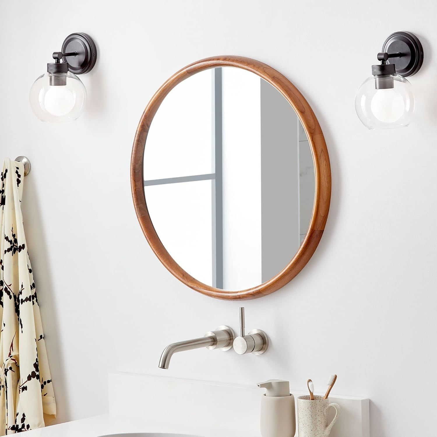 Novak 24" Teak Wood Framed Circular Bathroom Mirror