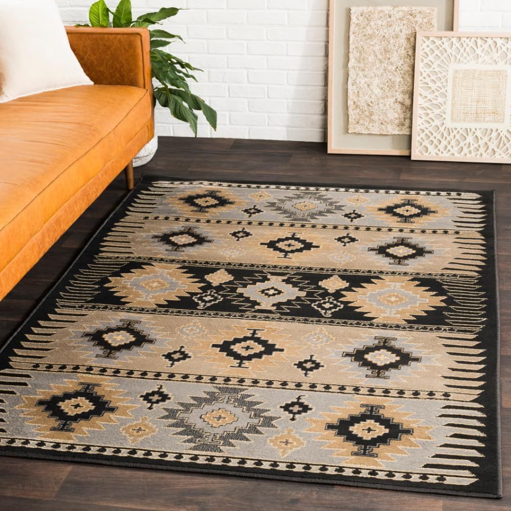 Greige and Black Synthetic Southwest Print Rectangular Area Rug