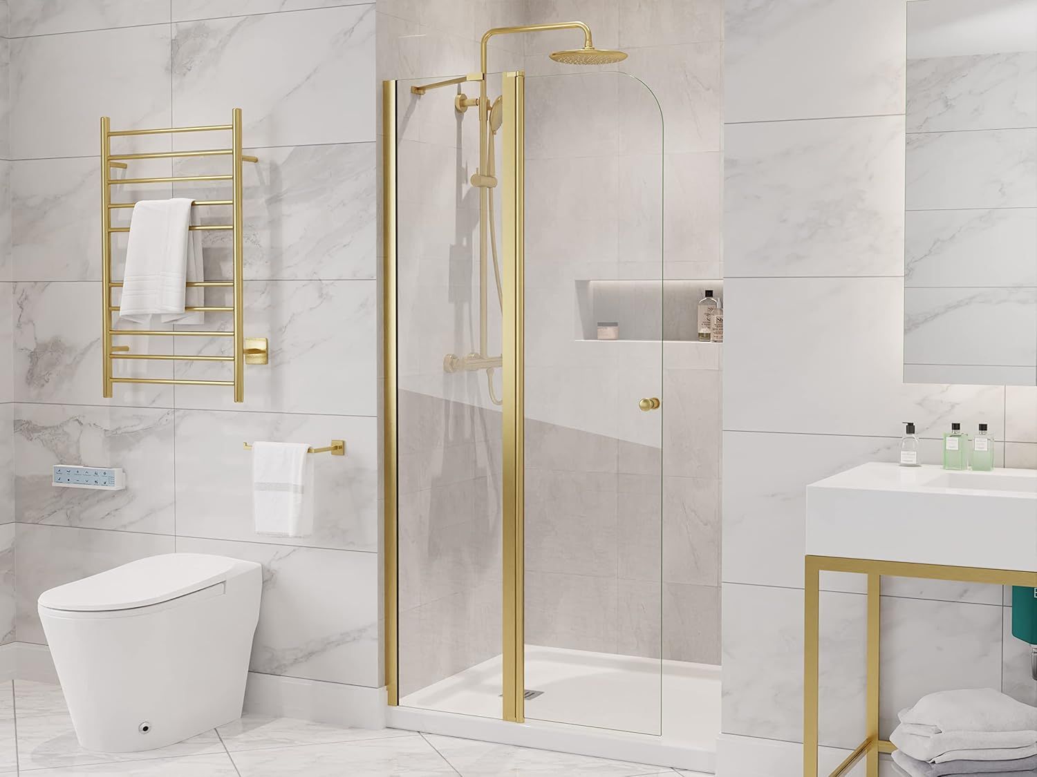 Brushed Gold Frameless Swinging Shower Door with Clear Glass