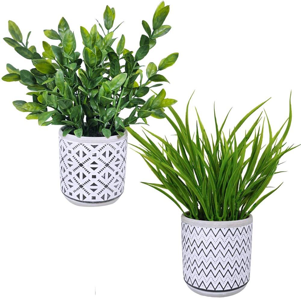 Set of 2 Artificial Eucalyptus and Grass Plants in Patterned Concrete Pots