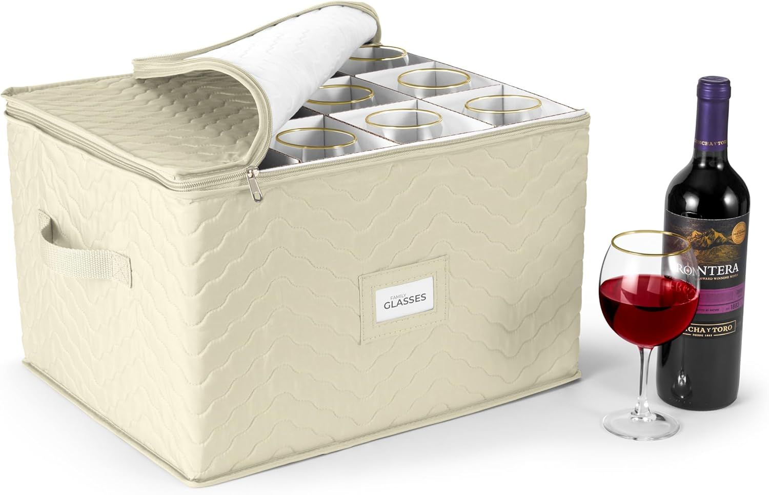 Beige Quilted Fabric Stemware Storage Box with Dividers