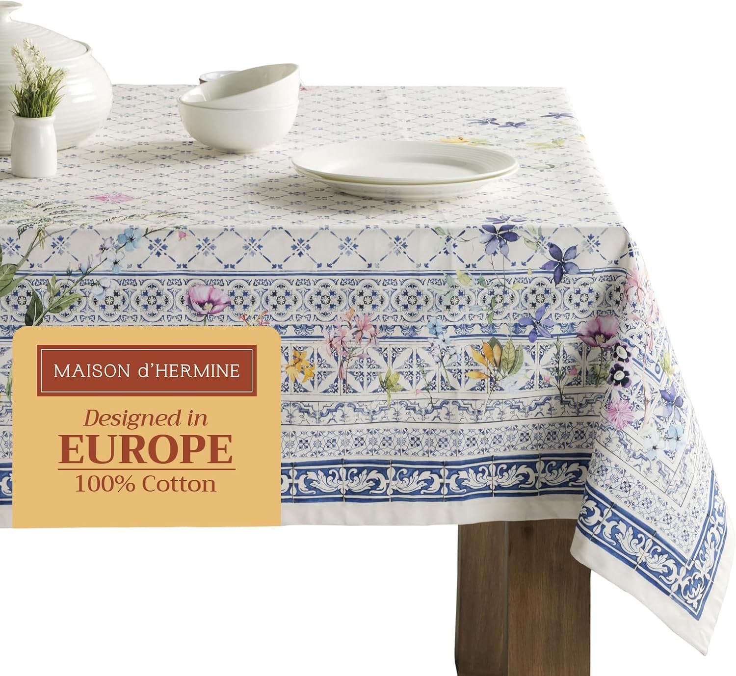 Faience Pattern Square Cotton Tablecloth 60" x 60"