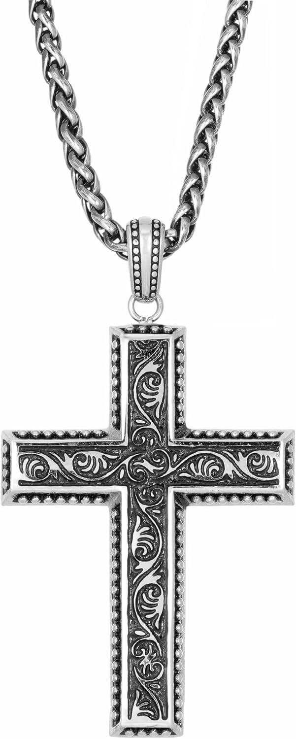 Antique Silver Stainless Steel Cross Pendant Necklace with Wheat Chain