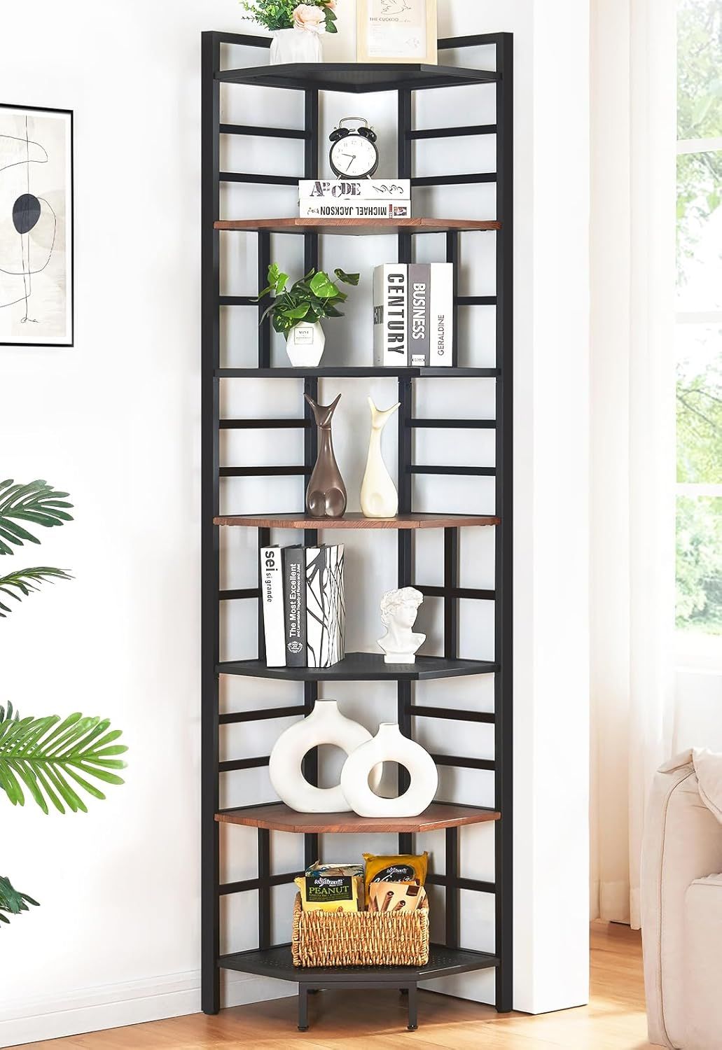 Industrial Black and Brown 7-Tier Corner Bookshelf