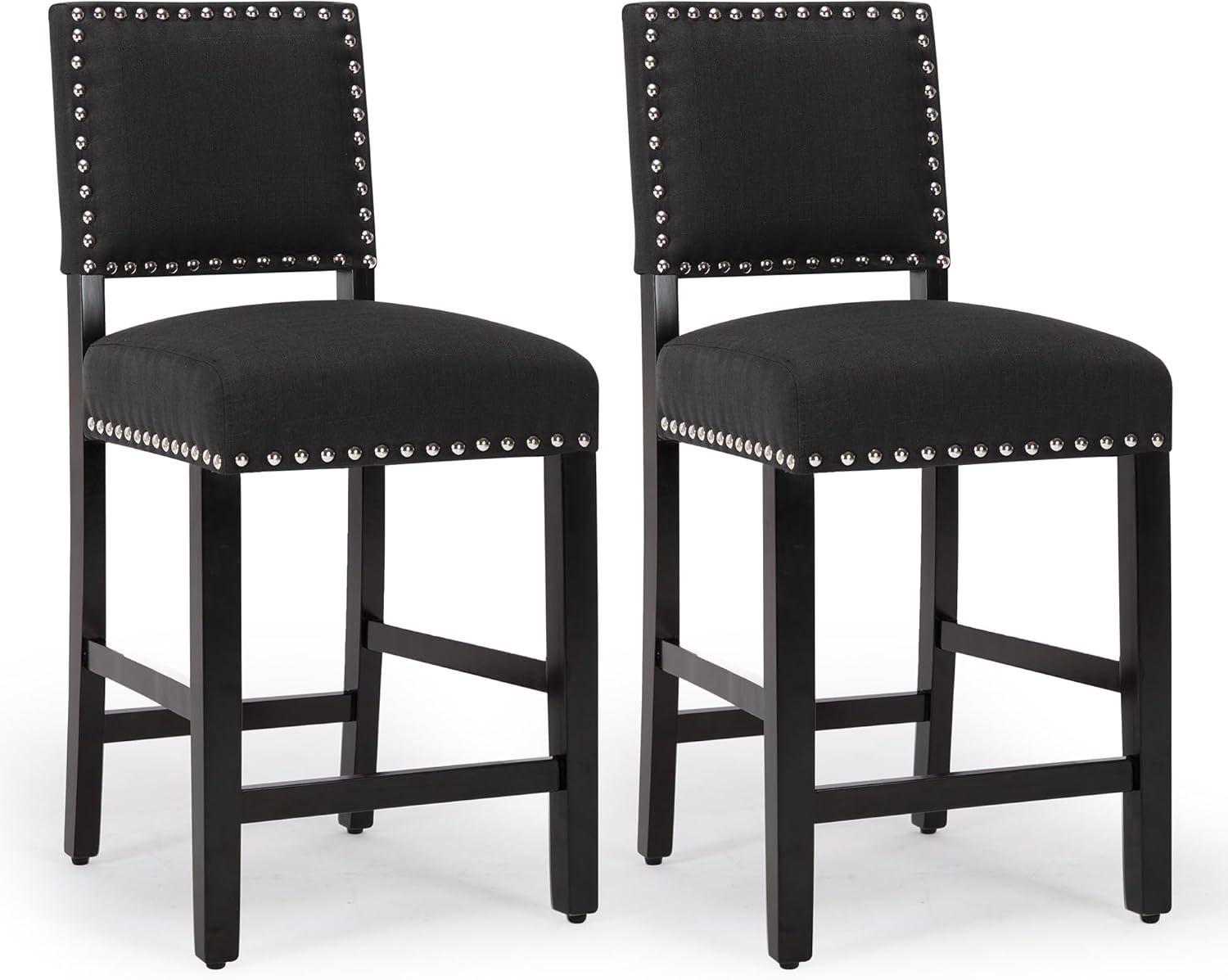 Charcoal Upholstered Counter Height Bar Stools with Nailhead Trim, Set of 2